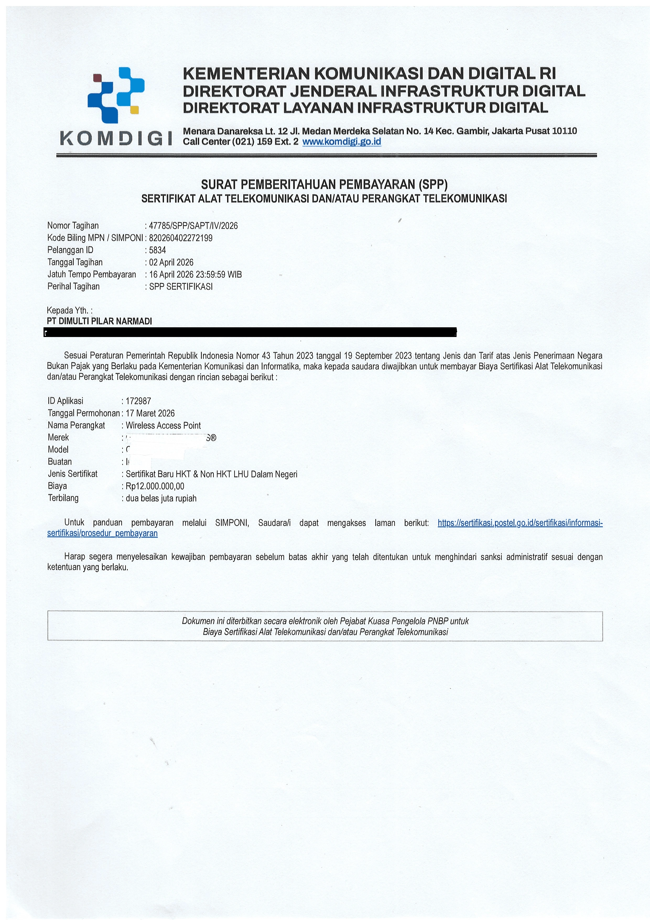 Biaya Penerbitan Sertifikat wireless access poin