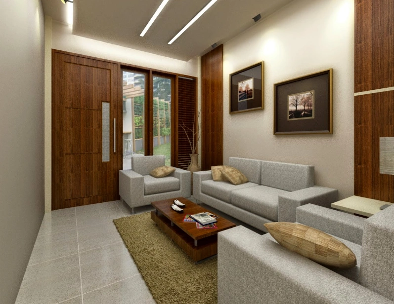 Desain interior ruang tamu bergaya minimalis di rumah type 36