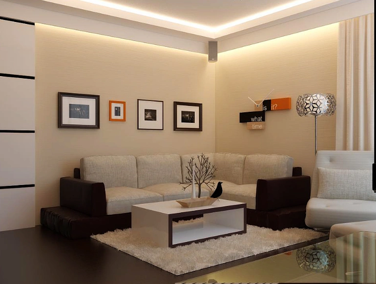 Model dan desain dan Dekorasi ruang tamu minimalis ukuran 3x3  dengan lampu plafon yang indah