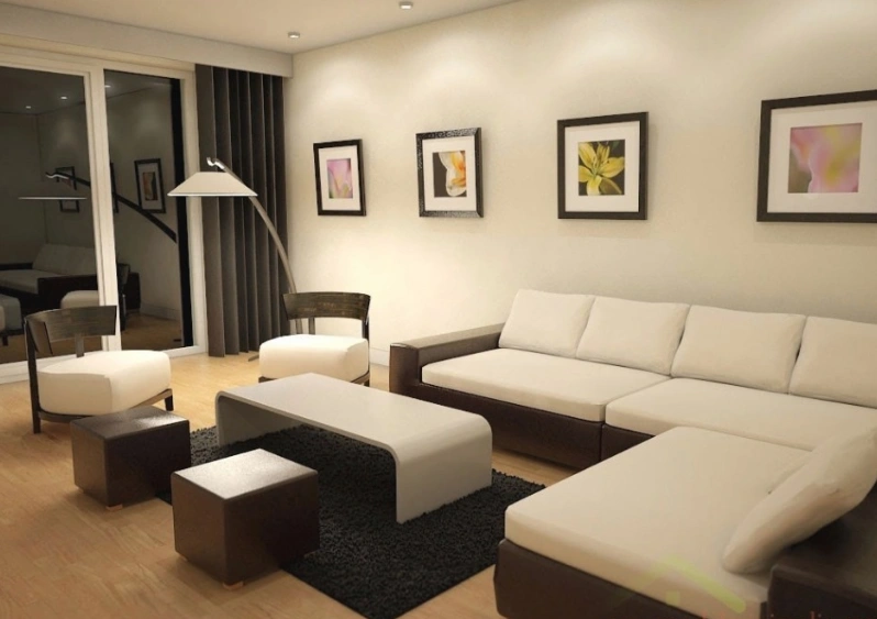 Model dan desain dan Dekorasi ruang tamu minimalis ukuran 3x3  dengan sofa putih dan coklat